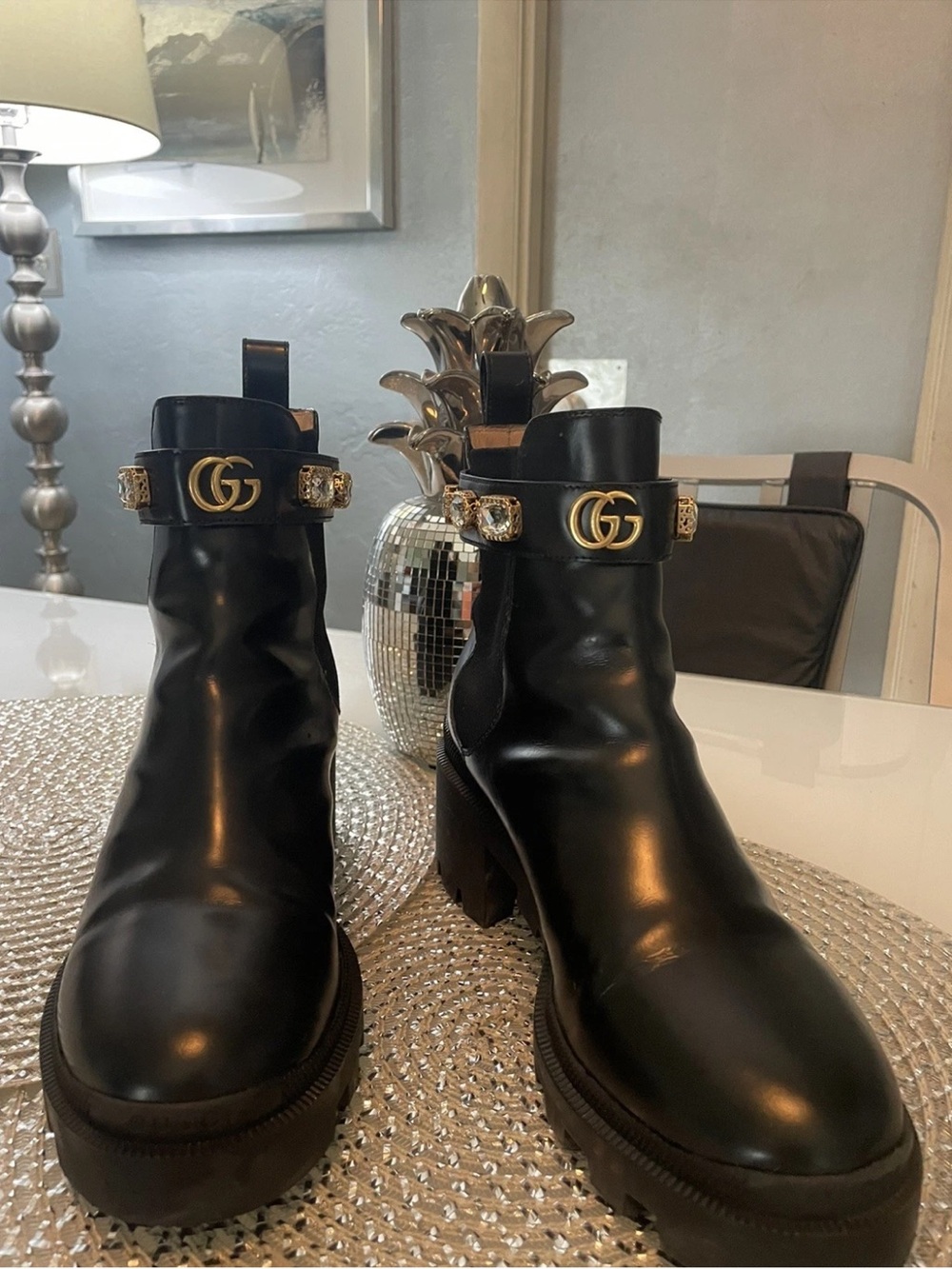 Gucci Magnum Black Leather Platform Ankle Boots w/Gold GG & Crystal Accents Sz 9